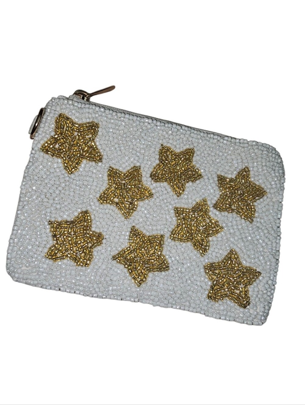 💰Universal Thread Beaded White Coin Purse with Gold Star Embellishments
